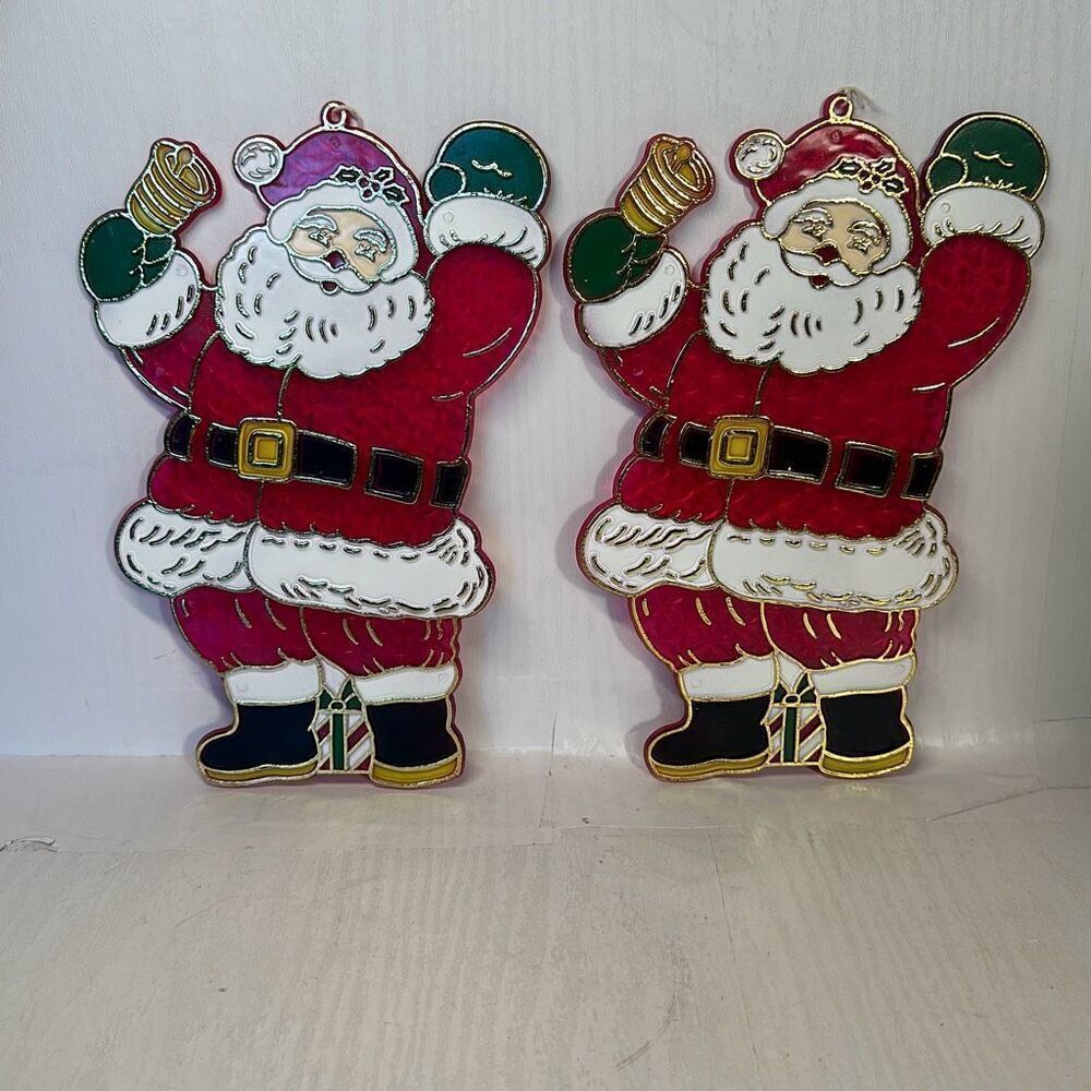 Vintage Christmas Suncatcher Santa Claus w/‎ Bell  Plastic Window Hanging Sun 9”
